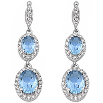 Halo Drop Dangle Chandelier Earring Oval Simulated Aquamarine CZ 925 Sterling Silver